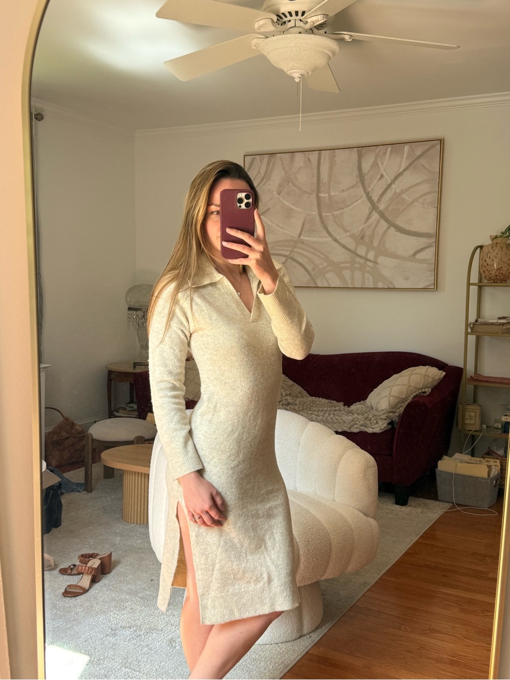 Abercrombie & Fitch Cream Long-Sleeve Collared Knit Dress